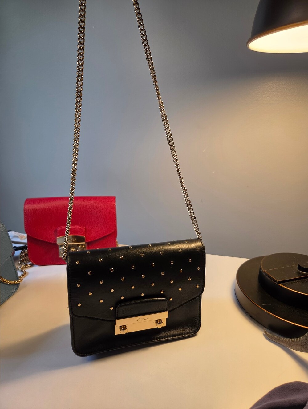 Furla Mini Gold Studded Julia Handbag Crossbody Black Bag